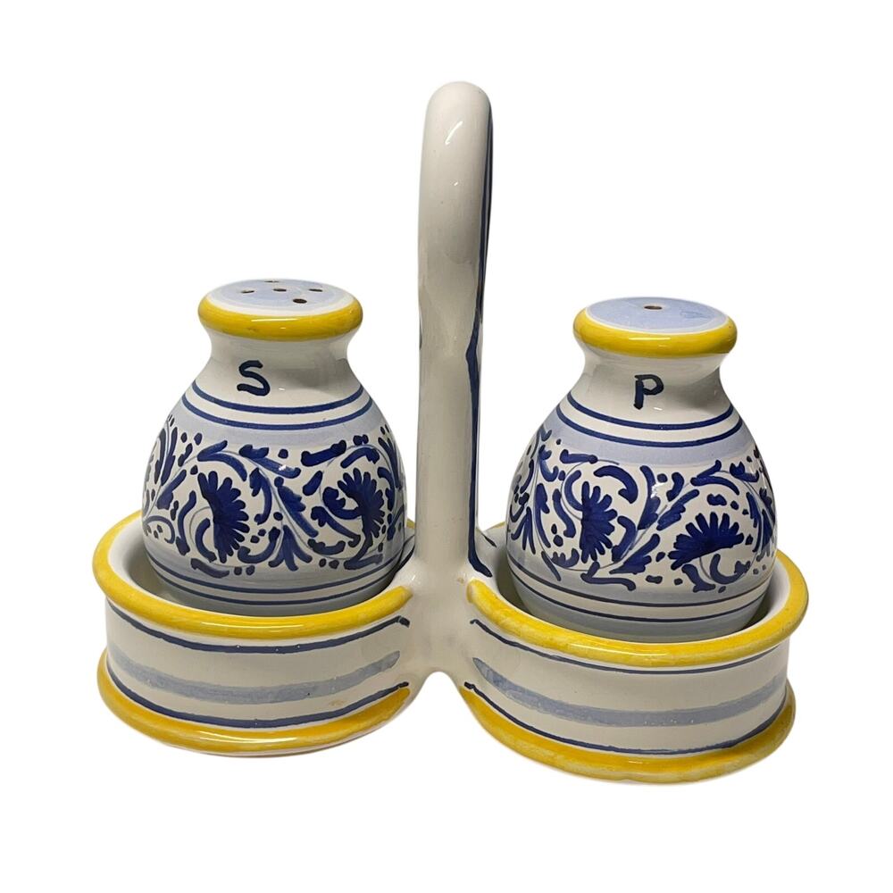 Deruta Salt and Pepper Shakers with Caddy Pottery Blue White Yellow READ